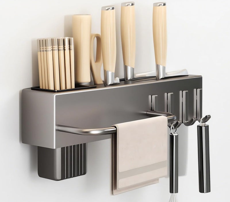 セイド(Seido) Carbon Steel Utensil Rack – Space-Saving 12" L Kitchen Organizer with hooks & hanging bar, Gunmetal Gray Knife Holder, 2 Installation Options (Adhesive/Screwed) - Image 1